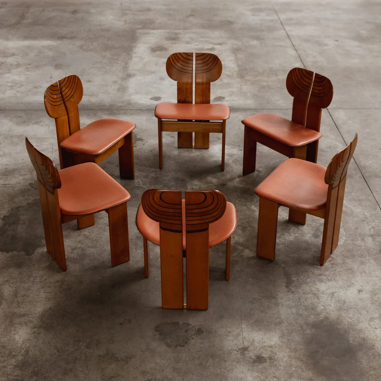 Afra & Tobia Scarpa "Africa" Dining Chairs for Maxalto, Reddish Brown Leather, 1975, Set of 6, 1975