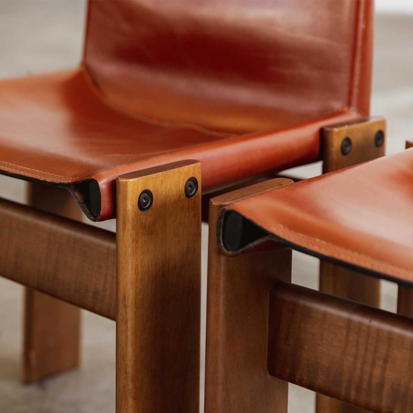 Afra & Tobia Scarpa "Monk" Dining Chairs for Molteni, Red Leather, 1974, Set of 12, 1970s