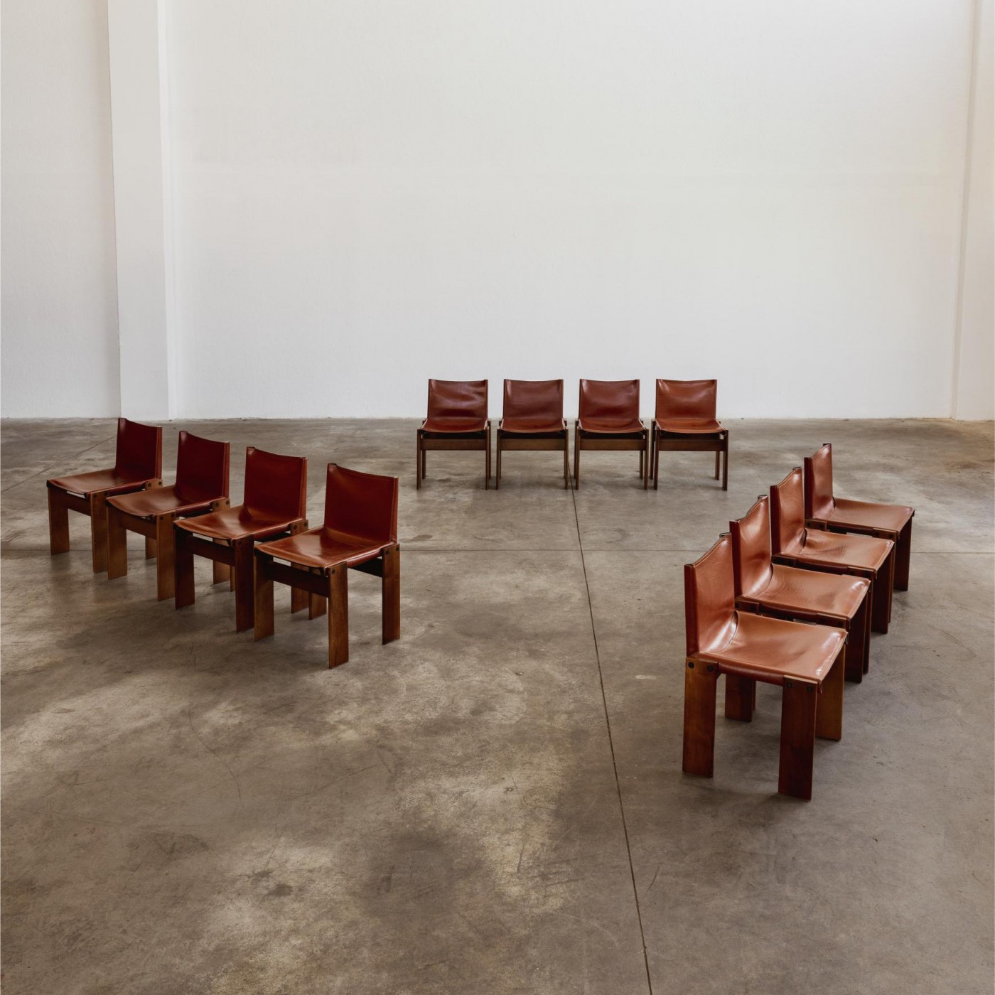 Afra & Tobia Scarpa "Monk" Dining Chairs for Molteni, Red Leather, 1974, Set of 12, 1970s