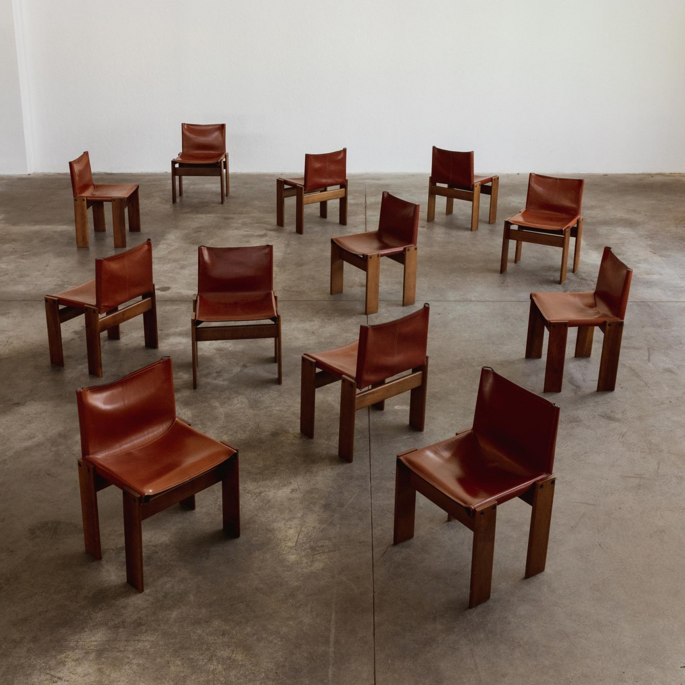 Afra & Tobia Scarpa "Monk" Dining Chairs for Molteni, Red Leather, 1974, Set of 12, 1970s