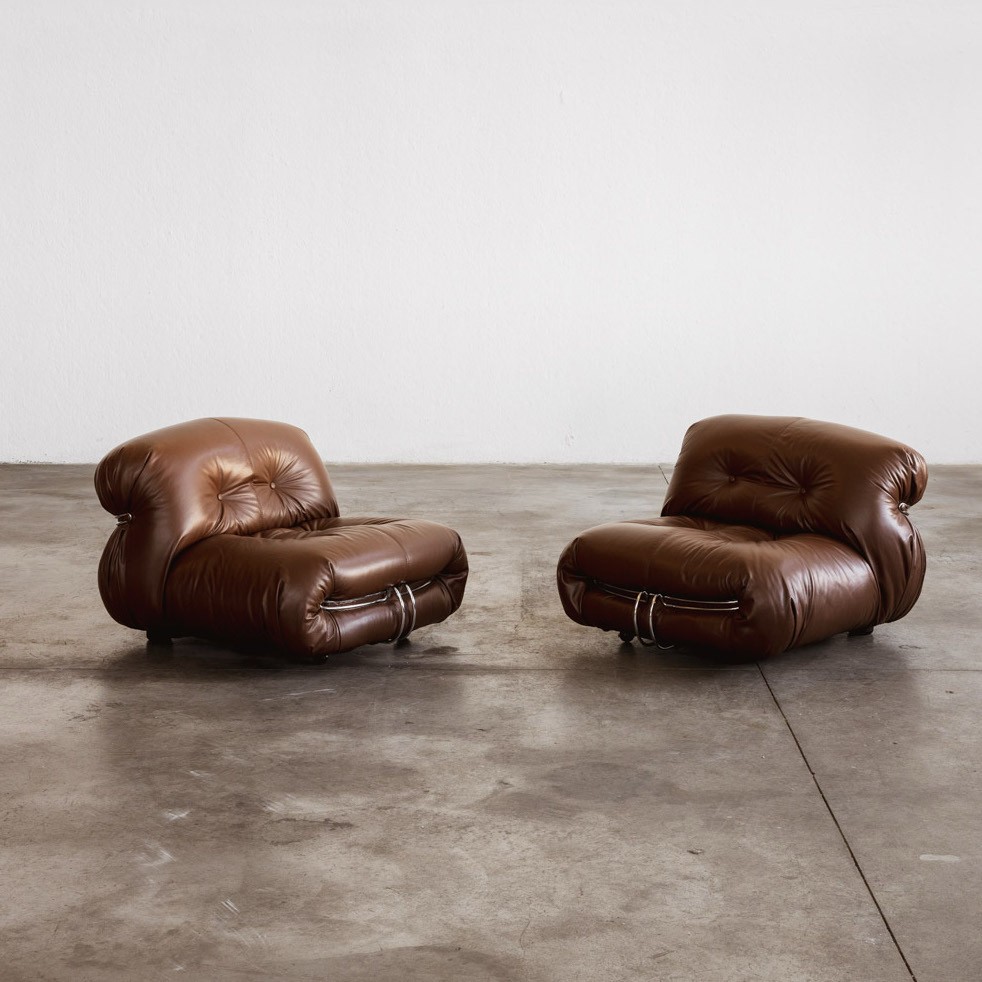 Afra & Tobia Scarpa “Soriana” Easy Chairs for Cassina, Brown Leather, 1969, Set of 2, 1969