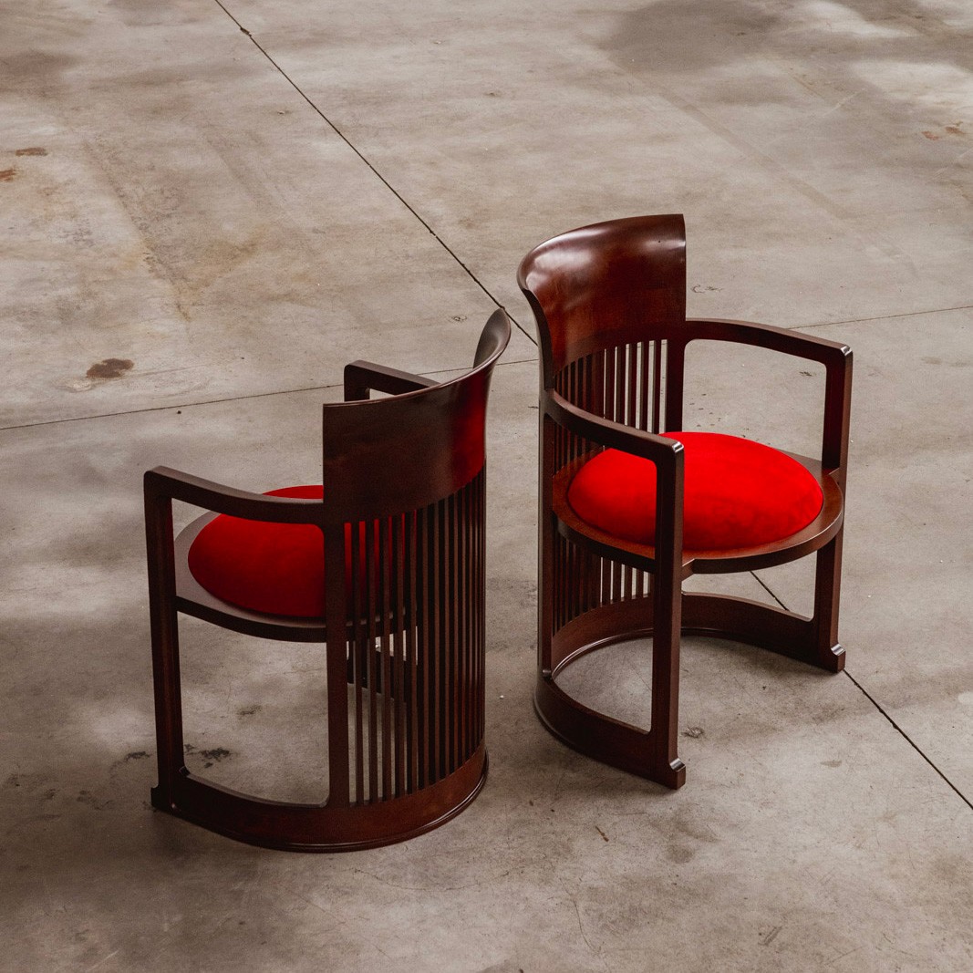Frank Lloyd Wright "Barrel" Chairs for Cassina, Red Velvet, 1937, Set of 4, 1937