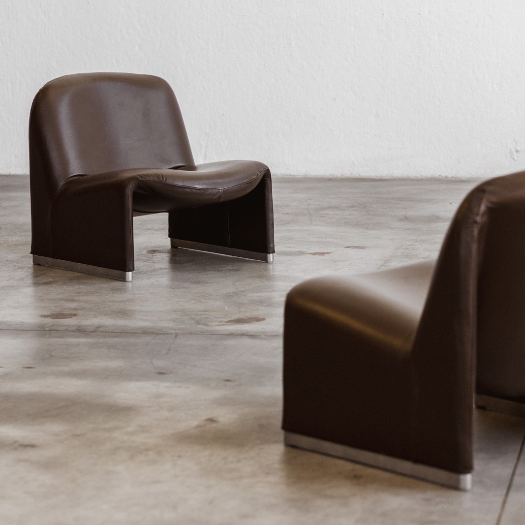 Giancarlo Piretti "Alky" Lounge Chairs for Anonima Castelli, Brown Leather, 1970, Set of 2, 1970
