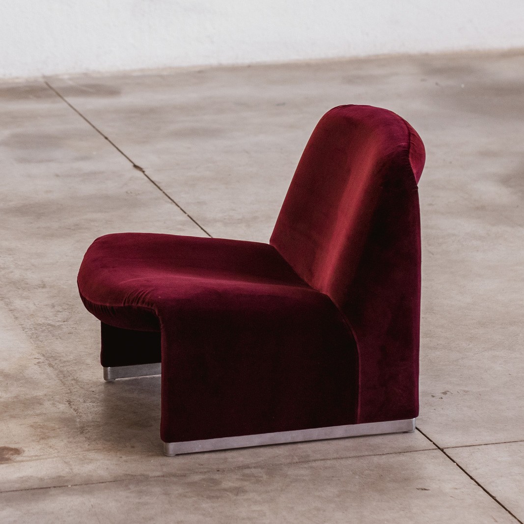 Giancarlo Piretti "Alky" Lounge Chairs for Anonima Castelli, Burgundy Velvet, 1970, Set of 2, 1970