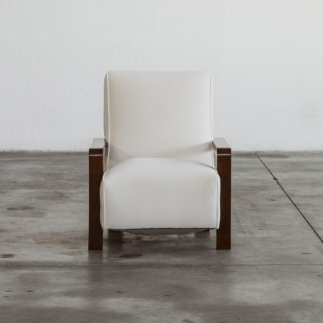 Italian Art Deco Armchair, White Velvet and Walnut, 1930s, 1930s