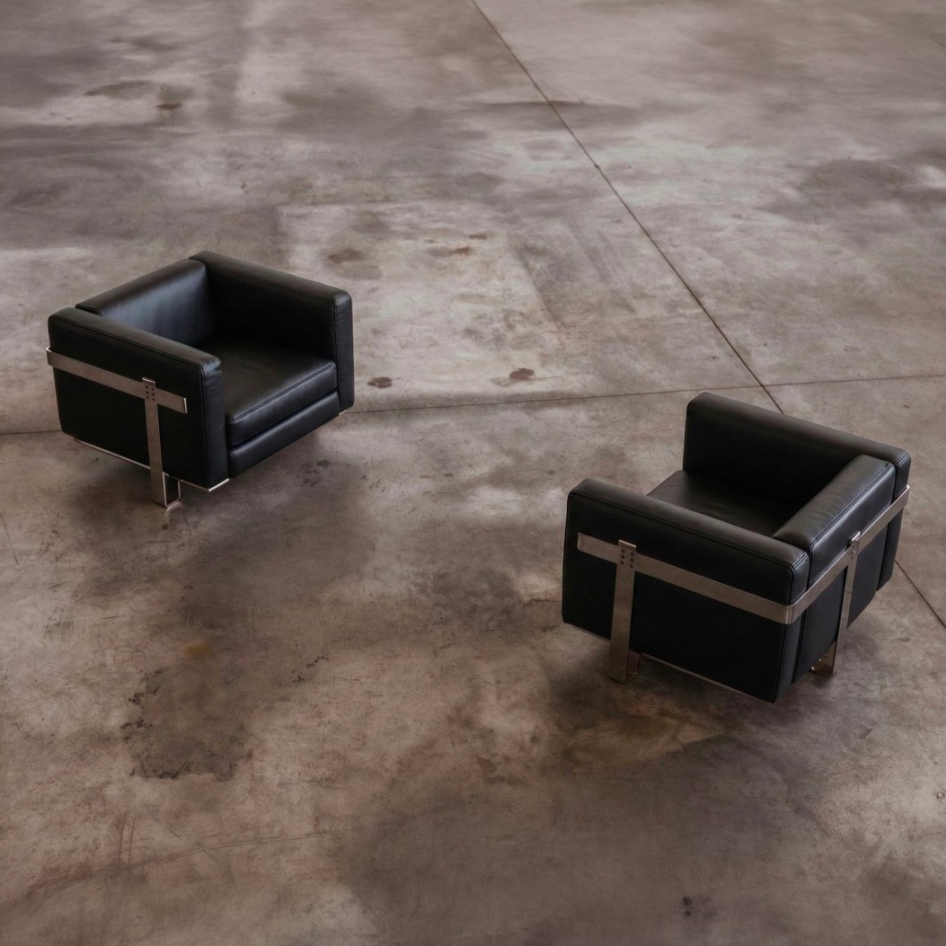 Kazuhide Takahama Armchairs for Simon Gavina, Black Leather, 1965, 1965