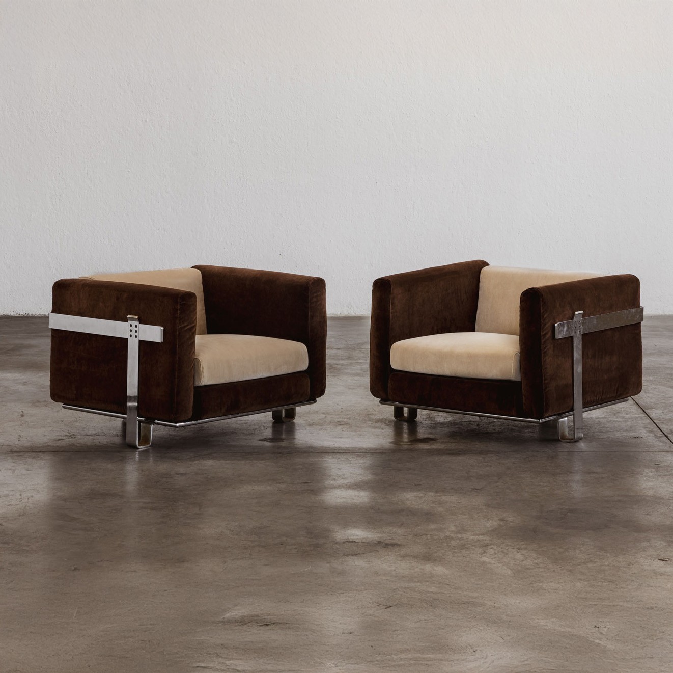 Kazuhide Takahama Armchairs for Simon Gavina, Ivory and Brown Velvet, 1965, 1965