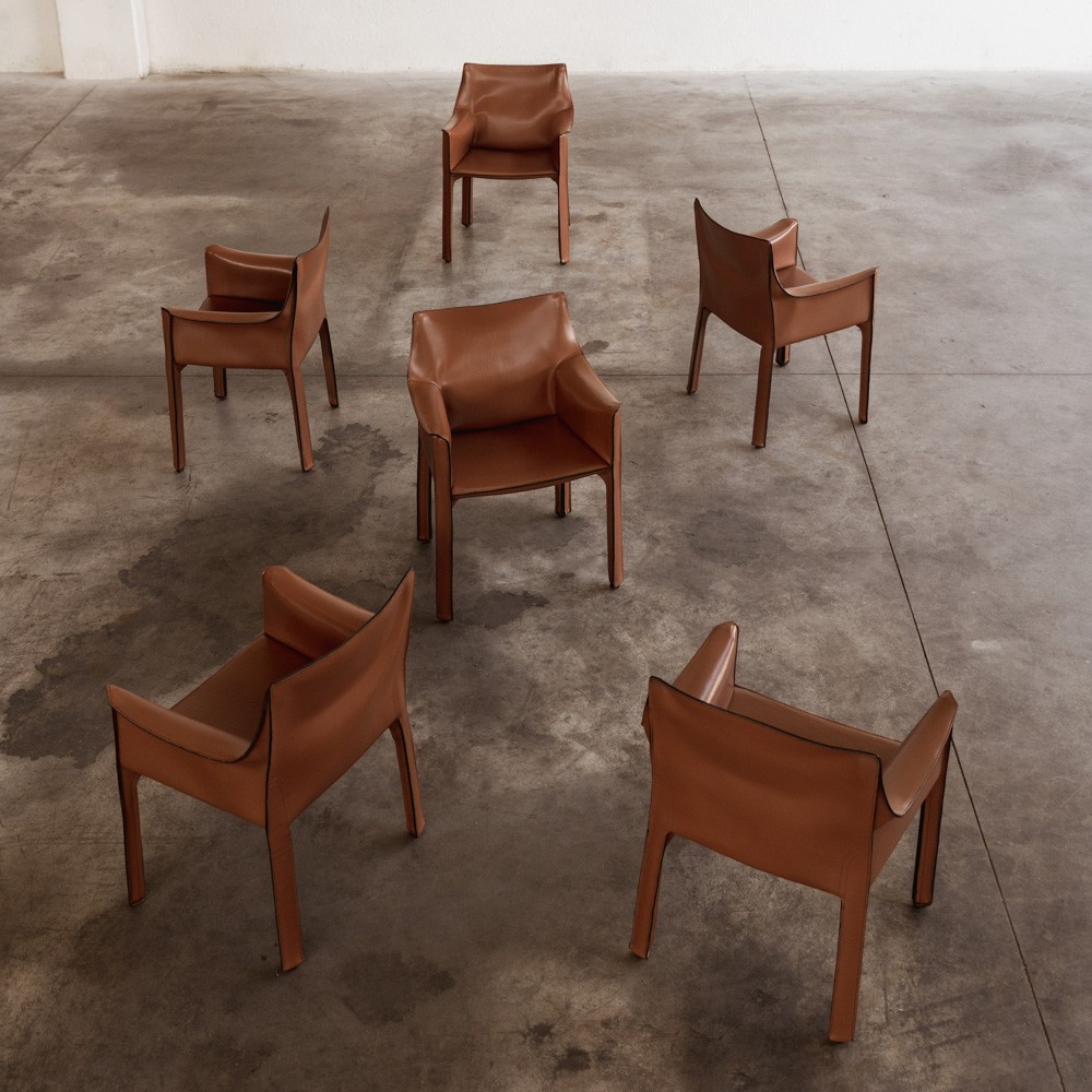 Mario Bellini "CAB 413" Chairs for Cassina, Hazelnut leather, 1977, Set of 6, 1970s