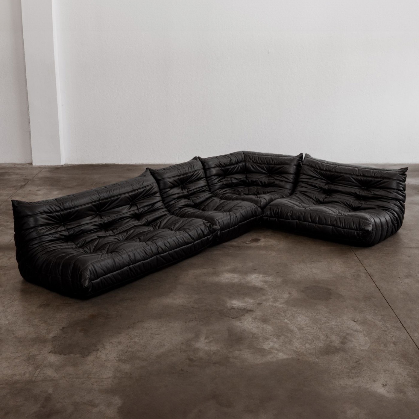 Michel Ducaroy “Togo” Modular Sofa for Ligne Roset, Black Leather, 1973, Set of 4, 1973