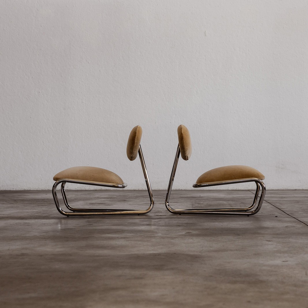 Modernist Lounge Chairs, Camel Velvet, 1970s, Set of 2, 1970