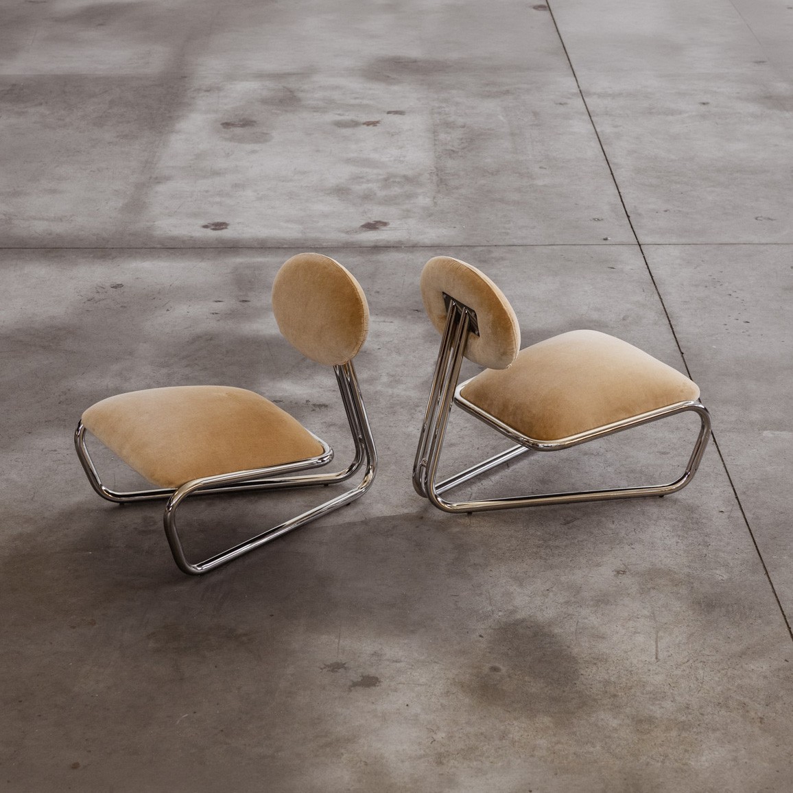 Modernist Lounge Chairs, Camel Velvet, 1970s, Set of 2, 1970