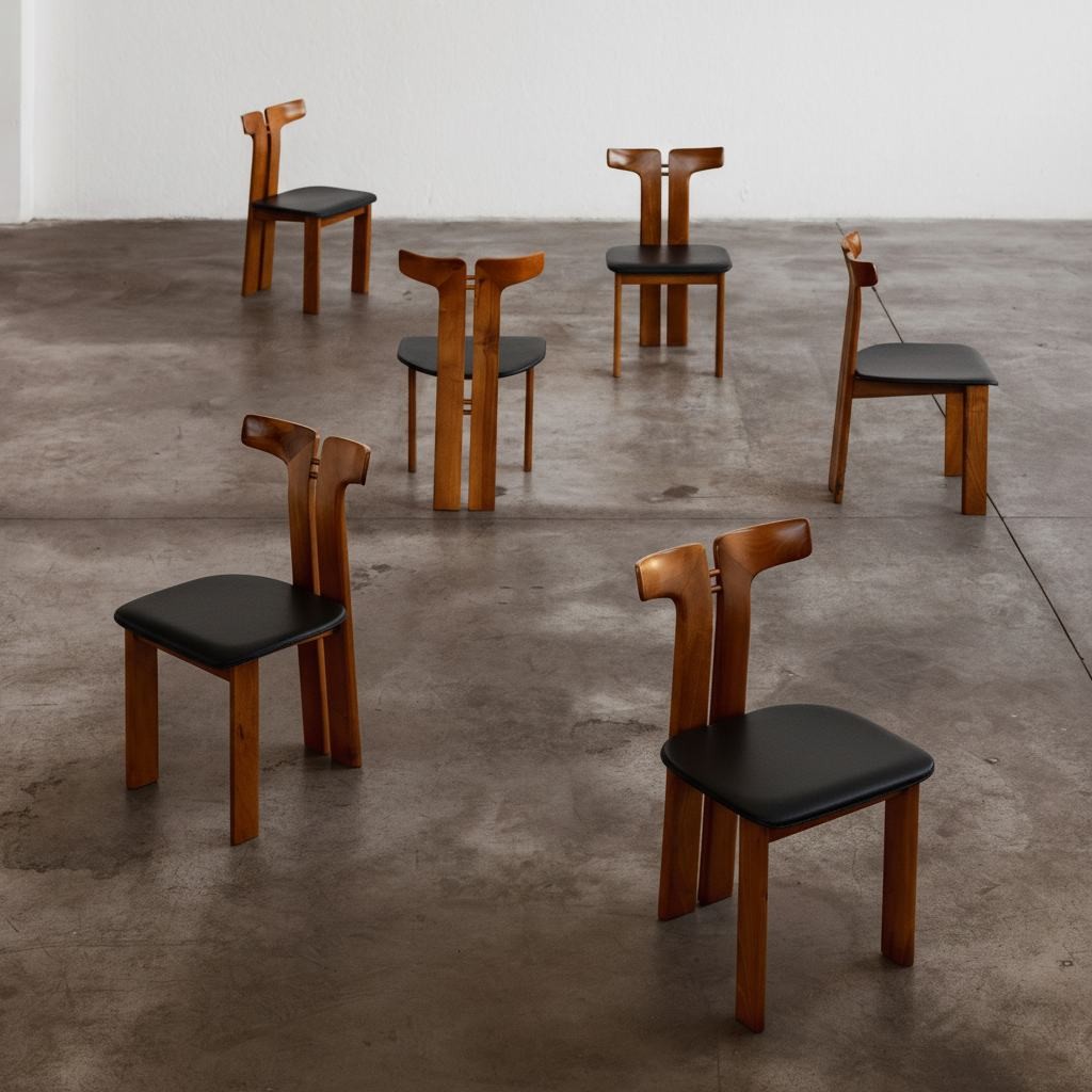 Pierre Cardin Dining Chairs, Black Leather, 1970, Set of 6, 1970s