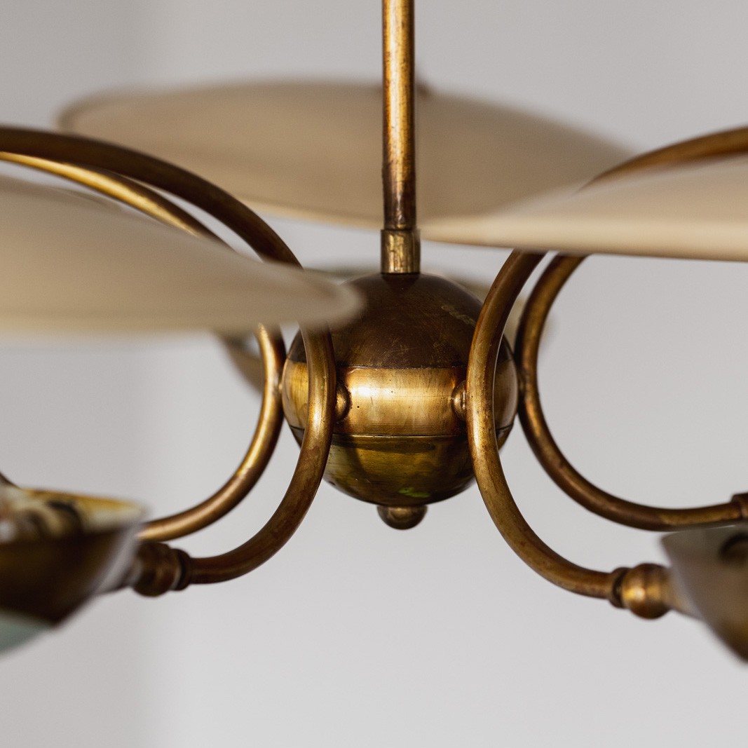 Stilnovo Brass and Opaline Glass Chandelier, 1960s, 1960s