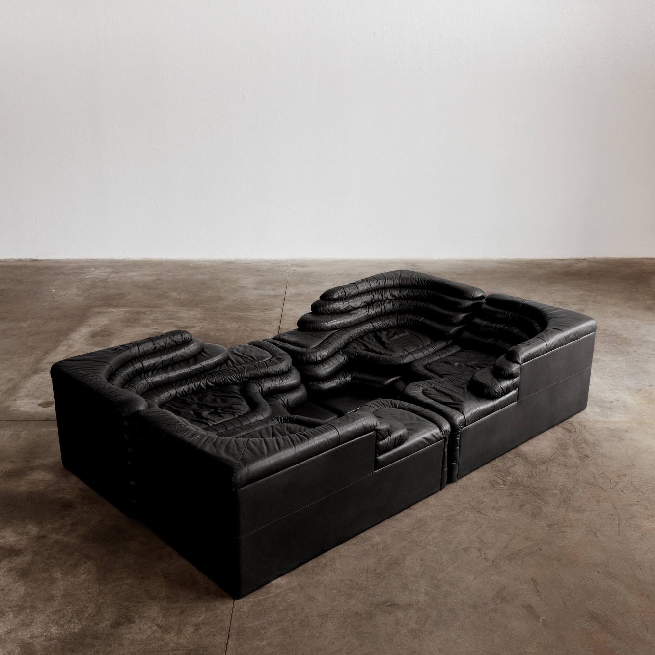 Ubald Klug DS-1025 "Terrazza" Sofa for De Sede, Black Leather, 1974, Set of 4, 1974